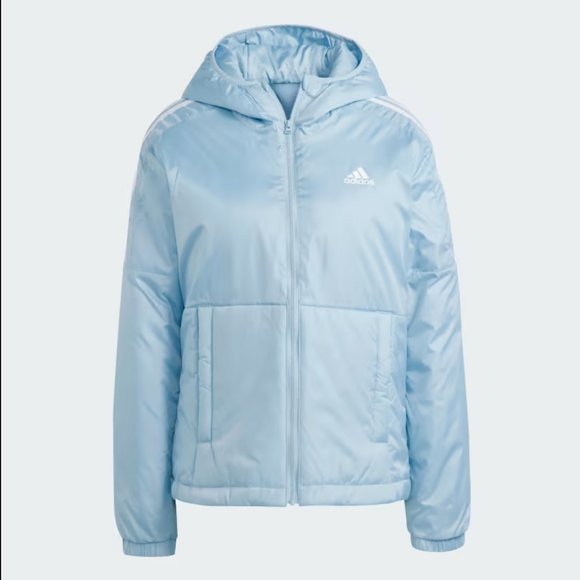 New Adidas Women's ESSENTIALS INSULATED HOODED JACKET Blue Size Small - Picture 1 of 4
